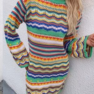 70's Rainbow Striped Long Sleeved Knit Crochet Sweater Dress